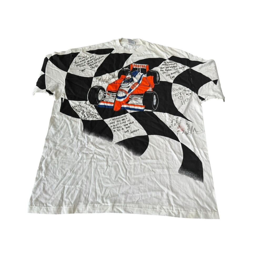 Vintage Hooters‎ Racing T Shirt XXL Signed Graphic Checkered Flag Car Indy READ